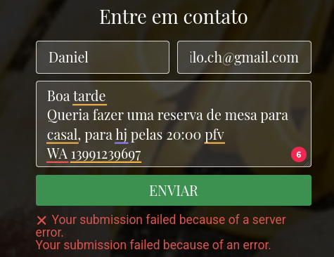 A contact form for making a restaurant reservation in Brazil, displaying an error message.