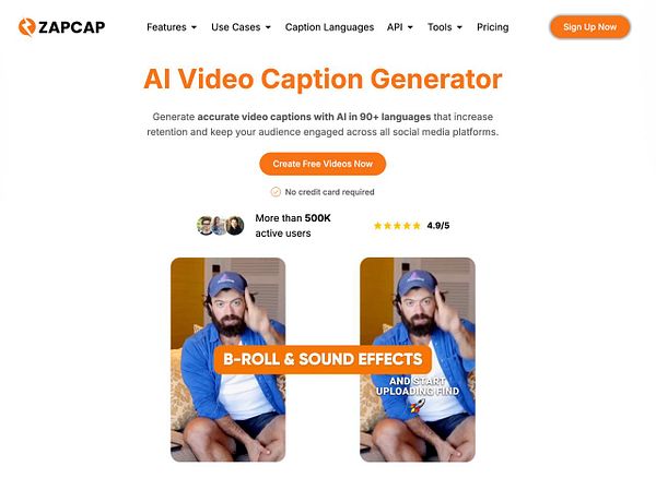 Zapcap AI Video Caption Generator webpage showing features, user ratings, and video examples with captions.