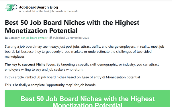 The image displays a blog post titled 'Best 50 Job Board Niches with the Highest Monetization Potential' from the JobBoardSearch Blog.