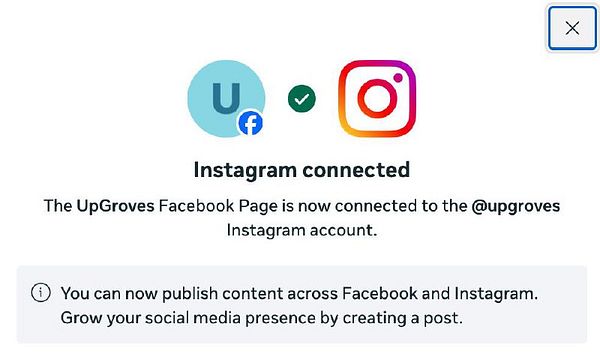 Screenshot of a Facebook page titled "Upgroves" with the Accounts Center menu open for managing Facebook and Instagram account connections.