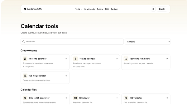 Webpage showing the 'Calendar tools' section of the Just Schedule Me site with various calendar-related tool options organized under 'Create events' and 'Calendar files'.