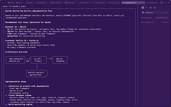 The image displays a detailed implementation plan for an uptime monitoring service.