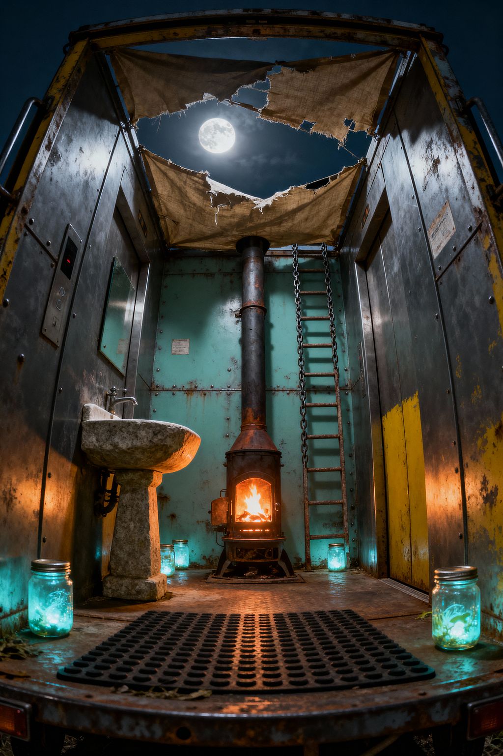 A compact laundry space inside a weathered metal container shows oxidized teal and yellow steel walls, a central rusted wood‑burning stove with a tall chimney, and a rough stone pedestal sink. Torn canvas sheets open to the moonlit sky, while glowing aqua mason jars provide low lighting over a rubber floor mat; a metal ladder and chain line one wall, and rivets, scratches, and rust emphasize the salvaged, utilitarian character.
