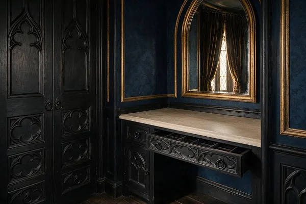A dramatic Gothic-style closet with black carved wood cabinetry, pointed-arch panel details, and a built-in vanity or counter topped with a light stone surface. Gold-framed wall mirrors and dark blue paneled walls add contrast, while heavy dark curtains reflected in the mirror reinforce the moody, ornate atmosphere.