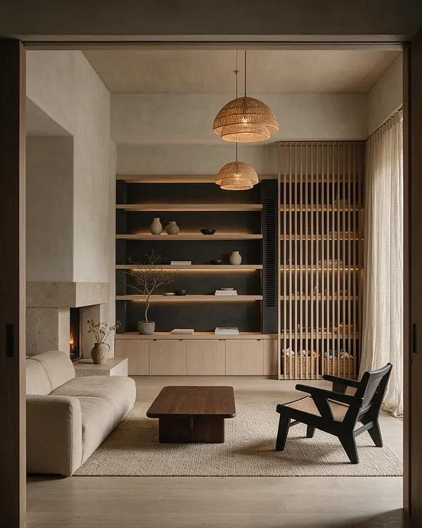 A serene Japandi living room with a low beige sofa, dark wood coffee table, and black lounge chair on a textured rug. Built-in shelving with warm backlighting, woven pendant lights, a stone fireplace, and a slatted wood divider create a calm, natural interior.