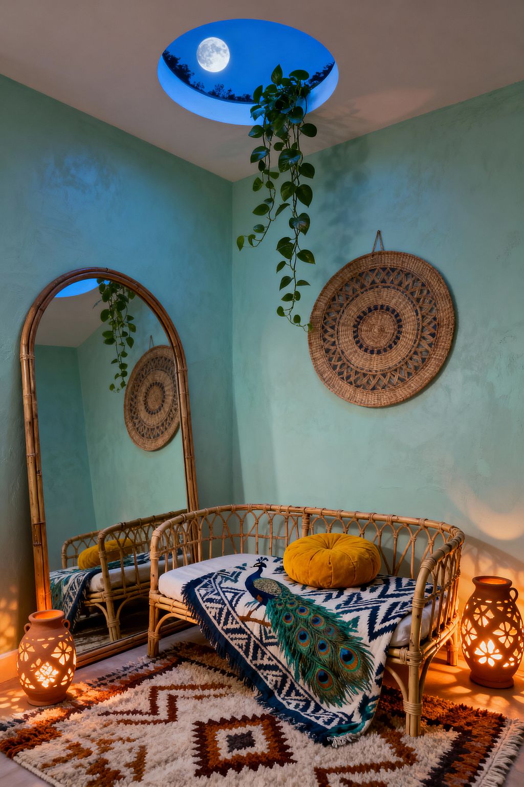 A cozy bohemian kids’ room with seafoam walls features a rattan daybed topped with a round mustard cushion and a navy-and-teal peacock throw. An arched rattan-framed mirror leans beside woven wall baskets. A circular ceiling opening reveals moonlit sky while a trailing vine hangs down. Two cutout terracotta lanterns cast warm patterns onto a plush cream rug with rust geometric accents.
