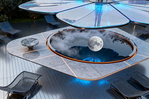 A circular mirrored pool with a warm copper ring sits at the center of a futuristic patio, reflecting a moon-like luminous sphere and light mist, while a large translucent canopy of petal-shaped panels edged in electric-blue LEDs hovers above. The deck is dark brushed metal with pale stone inserts and linear light channels, surrounded by black woven chaise lounges and a round gray marble table, set against low garden greenery at dusk.