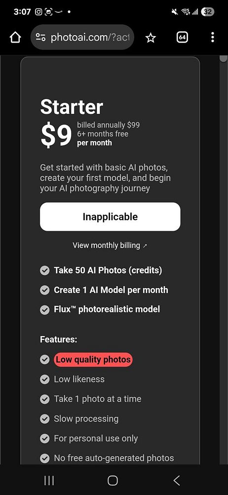 The image displays a mobile interface for a subscription plan on the PhotoAI website.