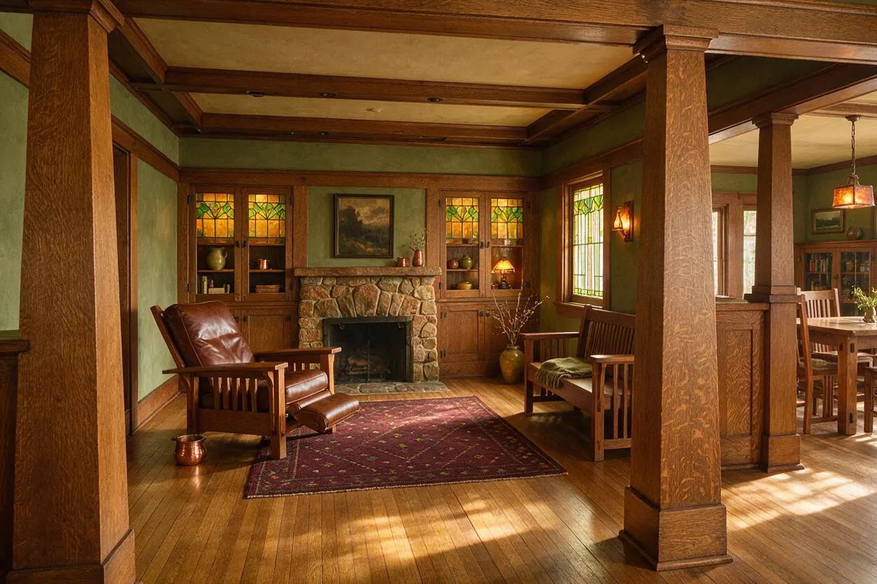 A Craftsman-style studio apartment featuring exposed wood beams, thick square columns, green walls, and a central stone fireplace with built-in wood cabinets and stained-glass cabinet doors. A leather armchair, wooden bench, hardwood floors, and a burgundy area rug create a cozy, earthy living space with warm natural light.