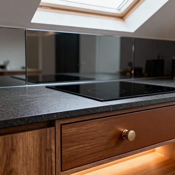 Close-up of a modern kitchen shows a flush black induction cooktop installed in a textured charcoal stone countertop. A mirrored glass backsplash reflects daylight from a wood-framed skylight above, while warm walnut cabinetry with a single knurled brass knob and soft LED under-cabinet lighting create a clean, minimal composition with contrasting glossy and matte finishes and precise, streamlined detailing.