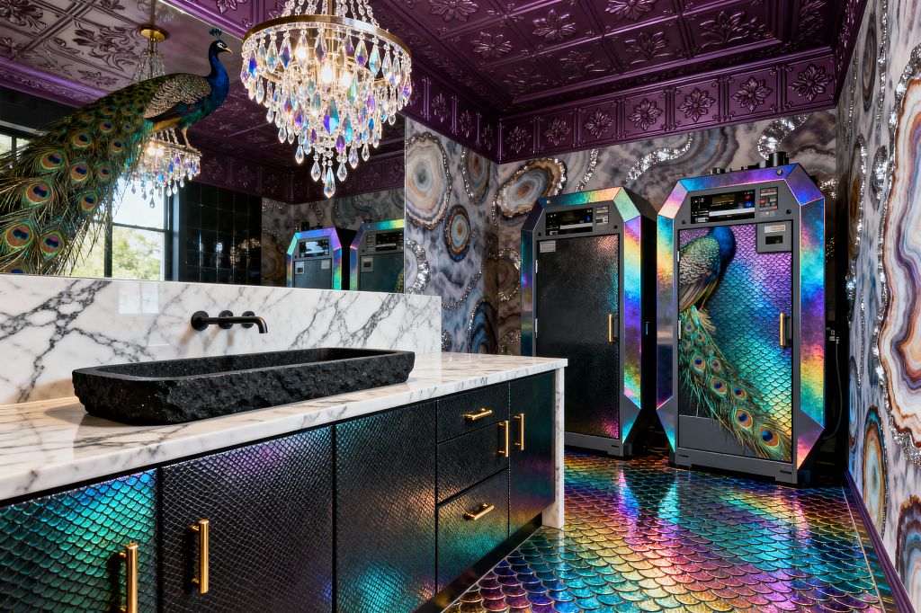 An extravagant maximalist laundry room with a purple embossed tin ceiling and two crystal chandeliers above agate-patterned walls and a mirrored backsplash. A white marble countertop with gray veining holds a chiseled black stone trough sink and matte black wall-mounted faucet, with black reptile-textured cabinets and brass pulls below. Iridescent fish-scale flooring reflects light, while two laundry machines with peacock graphics stand opposite a large peacock sculpture over the vanity.