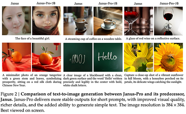 A comparison of images generated by Janus and Janus-Pro-7B, showcasing various subjects and styles.