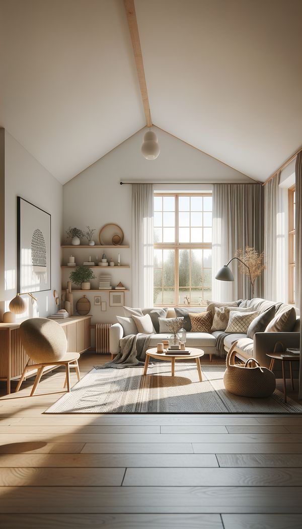 A cozy living room featuring clean lines, natural wood furniture, light-colored textiles, and large windows letting in plenty of natural light, embodying Scandinavian design principles.