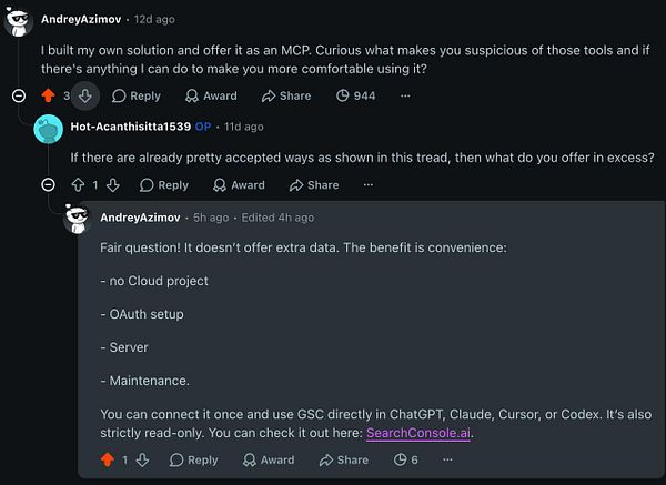 Screenshot of a reddit post discussing Google Search Console API errors with highlighted HTTP 403 and 404 issues in developer tools.