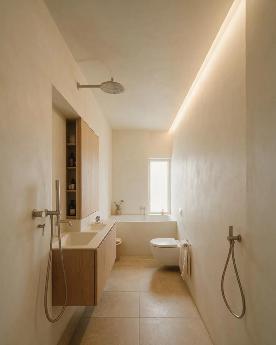 A narrow minimalist master bathroom with warm beige walls, large stone-look floor tiles, and a floating wood vanity on the left. A walk-in bath and wall-mounted toilet sit at the back, with a round shower head above and hidden shelving built into the vanity wall.