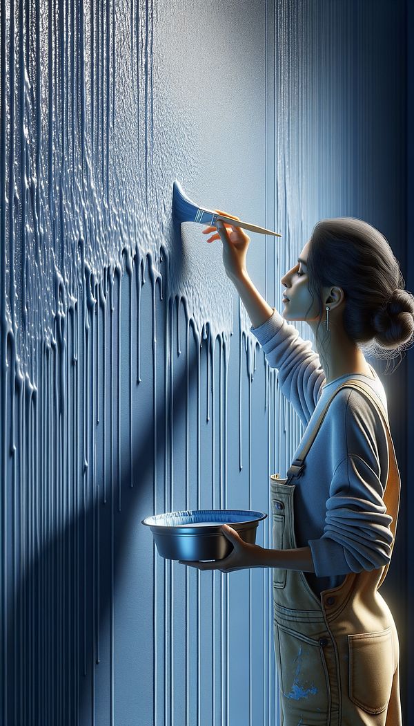 An interior designer carefully applies a semi-transparent, glossy glaze over a deep blue wall, creating a subtle texture and depth.