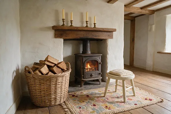 A rustic cottage interior centers on a small wood-burning stove set into a white plaster fireplace with a thick timber mantel. A woven basket filled with firewood sits beside a low painted stool with a knitted cushion, all resting on a soft floral rug over wide wooden floorboards.