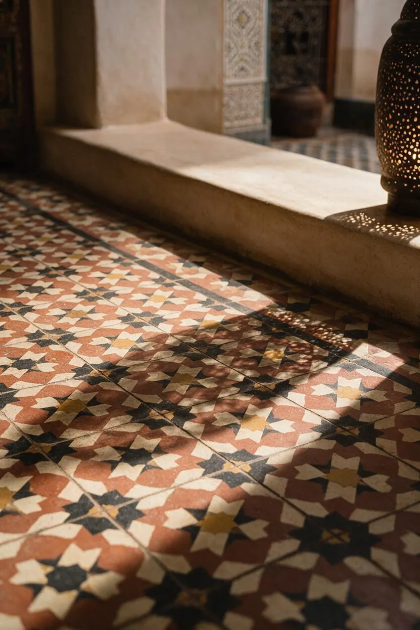 A Moroccan interior with a richly patterned tile floor featuring star-like geometric motifs in terracotta, cream, black, and muted yellow. Warm sunlight casts soft shadows across a stone ledge and carved details, creating a calm, atmospheric scene.