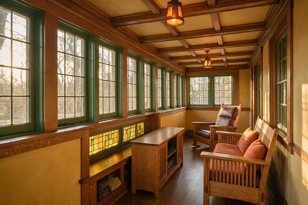 A long Craftsman-style media room with rows of green-trimmed windows on both sides, warm wood paneling, and a coffered wood ceiling with hanging lantern lights. The room includes a wooden bench with cushions, a leather armchair, and a central wood media cabinet, with soft golden sunlight filling the space.