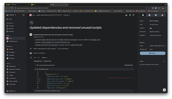 The image displays a code review interface showing updates to dependencies in a project repository.