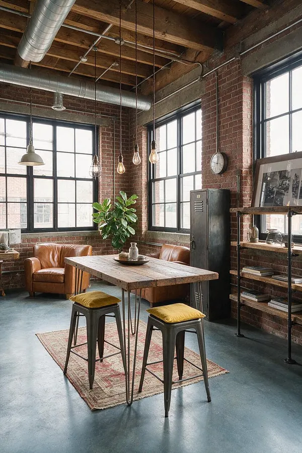 An industrial-style sunroom with exposed brick walls, large black-framed windows, and a wood-beam ceiling with visible ductwork. The room includes a rustic wooden table, metal stools with yellow cushions, tan leather chairs, hanging pendant lights, and a tall metal locker cabinet.