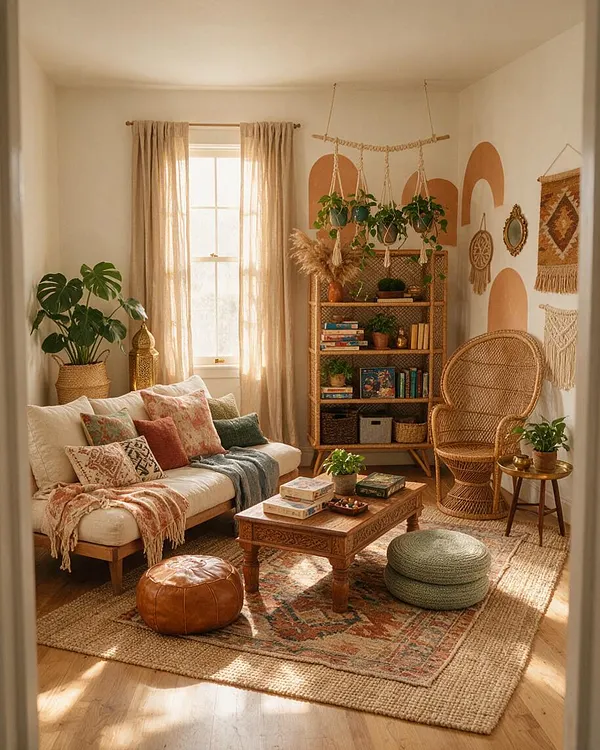 A sunlit bohemian game room with a cream sofa, patterned pillows, a carved wood coffee table, and layered natural fiber rugs. Rattan furniture, hanging plants, macrame wall hangings, and earthy accents create a cozy, eclectic space.