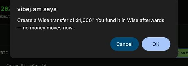 Screenshot of the VibeJam admin page showing prize winner payments and Wise transaction details.