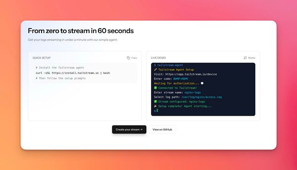 The image presents a tutorial section for setting up the Tailstream agent on a landing page.