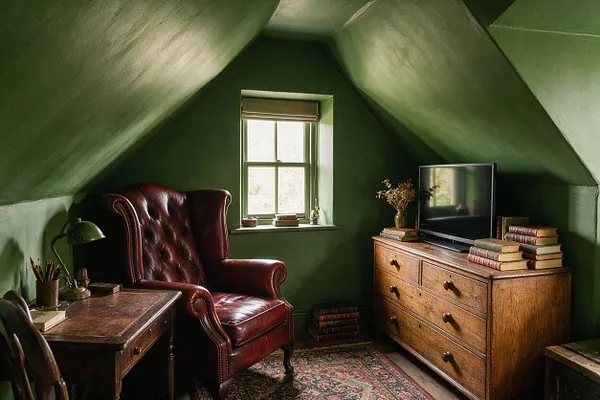A compact attic media room with sloped green-painted ceilings and walls, centered around a burgundy leather wingback chair. A wooden dresser holds a flat-screen TV, stacked books, and a small vase, while a desk with a green lamp and stationery sits to the left and a patterned rug grounds the space.