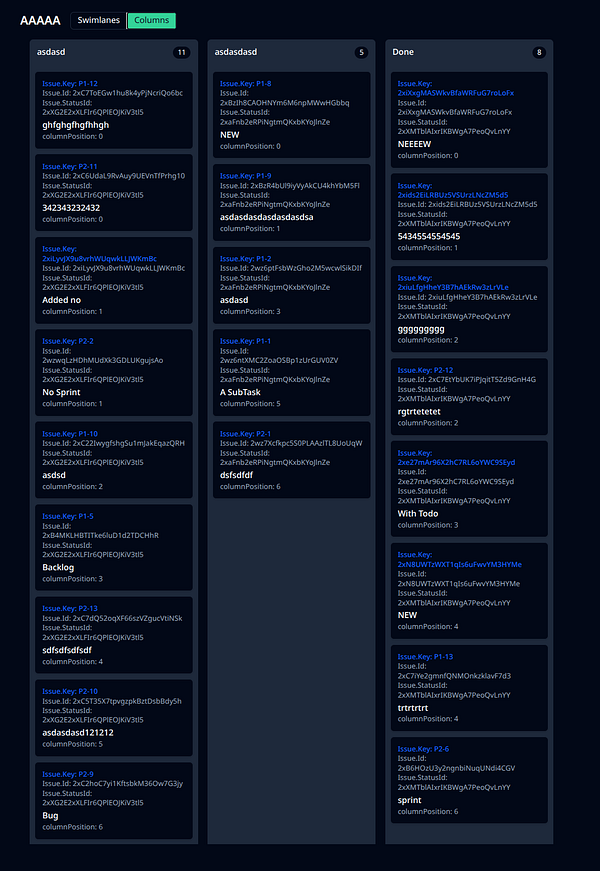 A task management board displaying various issues organized into columns.