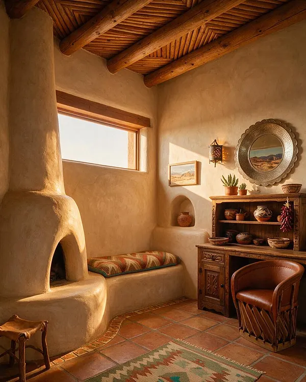 A Southwestern-style master bathroom with smooth adobe walls, exposed log ceiling beams, and terracotta tile floors. The space includes a built-in plaster fireplace or kiva-style niche, a carved wood hutch with pottery, a round ornate mirror, warm wall lanterns, and a leather chair, creating a rustic desert-inspired retreat.