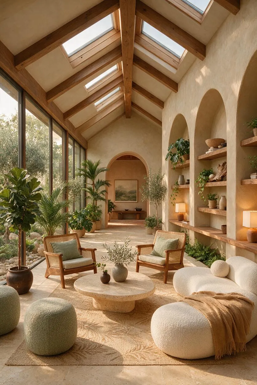 A sunroom with a vaulted ceiling of exposed wood beams and skylights, large glass walls on the left, and cream plaster walls with arched built-in niches on the right. The room is filled with potted greenery, woven accent chairs, rounded boucle seating, a stone coffee table, and soft neutral textiles in warm natural light.