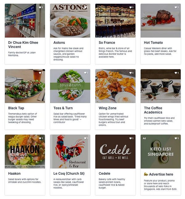 A grid of restaurant listings featuring various dining options in Singapore.