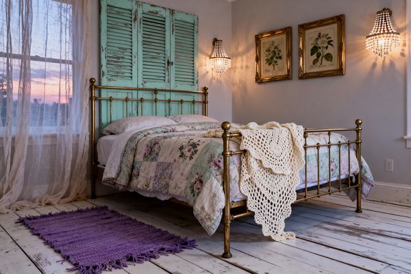 A cozy shabby chic bedroom with an antique brass bed dressed in a pastel patchwork floral quilt and a cream crochet throw. Distressed mint shutters serve as a headboard, with two lit crystal wall sconces and gilt-framed botanical prints on a soft gray wall. Sheer lace-like curtains hang over a window at sunset, and a whitewashed plank floor holds a small purple woven rug at the bedside.