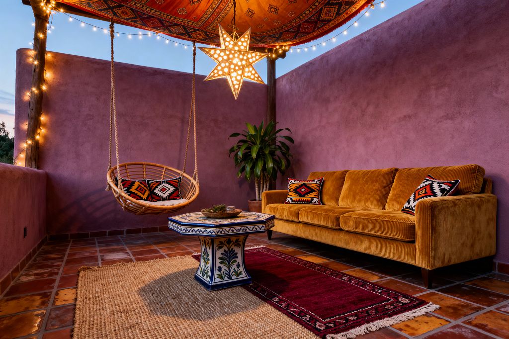 An outdoor Bohemian-style living room on a terrace features dusty mauve stucco walls, a mustard corduroy sofa with patterned kilim pillows, and a rattan hanging chair on rope. A blue-and-white hand-painted ceramic pedestal coffee table sits over layered jute and burgundy rugs on terracotta tiles. Overhead, a patterned fabric canopy, string lights, and a perforated star pendant create warm ambient light, while a potted plant adds greenery at dusk.