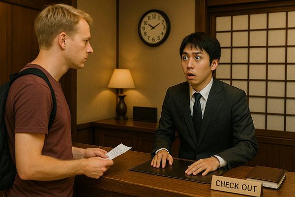 A young man is checking out at a hotel front desk, while a surprised hotel staff member reacts in shock.