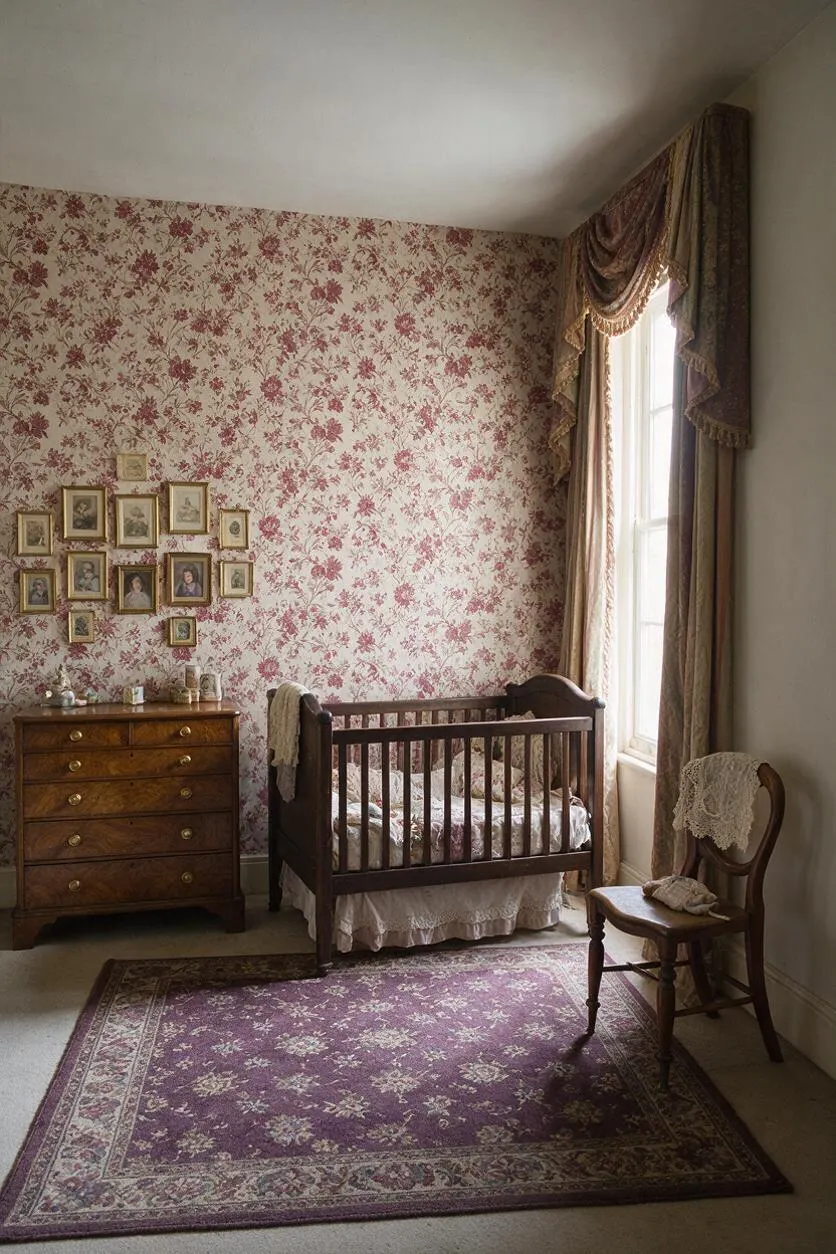 A Victorian-style nursery with pink floral wallpaper, a dark wood crib, an antique dresser, and a small wooden chair by a tall window. The room is finished with heavy patterned drapery, framed family photos, and a large purple Persian-style rug that adds warmth to the muted space.