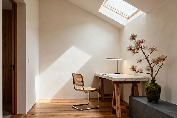 A minimalist Scandinavian home office with a trestle desk that pairs a thick light stone slab with solid wood legs, opposite a chrome cantilever chair with woven cane seat and back. Warm off-white plaster walls and knotty oak floors are illuminated by a skylight casting a diagonal beam, while a slim black task lamp and a moss-covered ceramic vase holding a sculptural dried branch sit on a charcoal concrete bench.