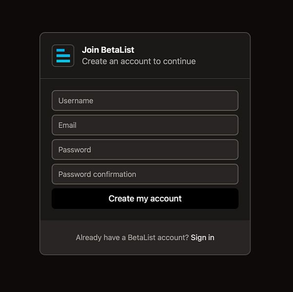 The image displays a dark mode login/signup interface for BetaList.