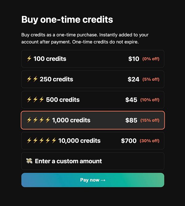 The image displays a pricing table for purchasing one-time credits with various options and discounts.