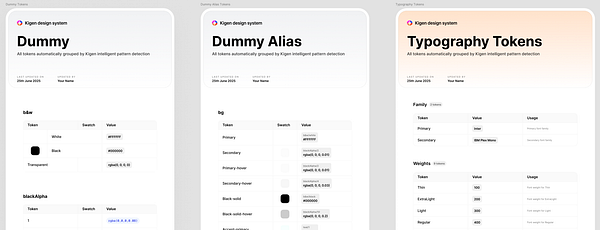 The image displays a layout for the Kigen design system generator, showcasing various design tokens and their attributes.