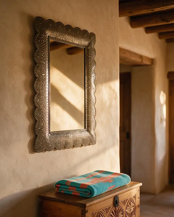 A Southwestern hallway with warm adobe walls, exposed wooden beams, and a decorative scalloped metal-framed mirror mounted on the wall. Below it sits a carved wooden chest topped with a folded turquoise and coral textile, lit by soft natural sunlight.