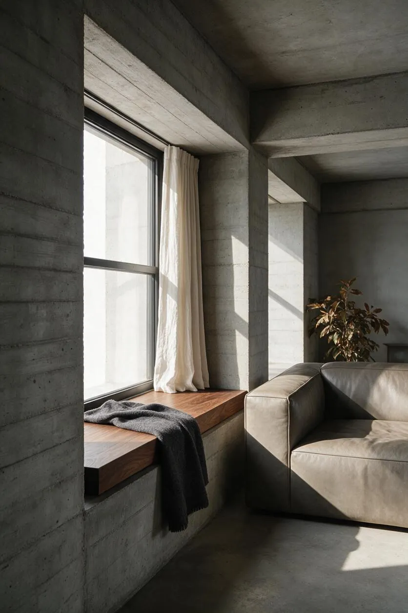 A Brutalist-style living room with exposed concrete walls, ceiling, and window reveals, softened by a deep walnut window ledge, sheer cream curtains, and a charcoal throw. A beige leather sofa sits in the corner beside a potted plant, while angled sunlight creates strong geometric shadows across the room.