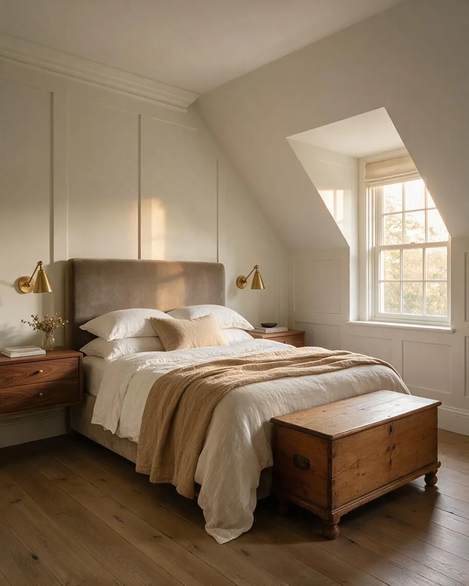 A serene transitional guest bedroom with a upholstered taupe bed, crisp white bedding, brass wall sconces, and a vintage wooden chest at the foot of the bed. Soft daylight enters through a large angled dormer window, highlighting white paneled walls and warm wood floors.