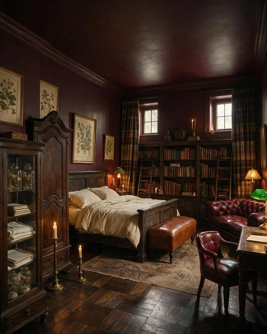 A moody bedroom with deep burgundy walls and ceiling, dark wood furniture, and a large wooden bed dressed in cream bedding. Built-in bookshelves, plaid curtains, framed botanical prints, leather seating, and candlelight create a scholarly Dark Academia atmosphere.