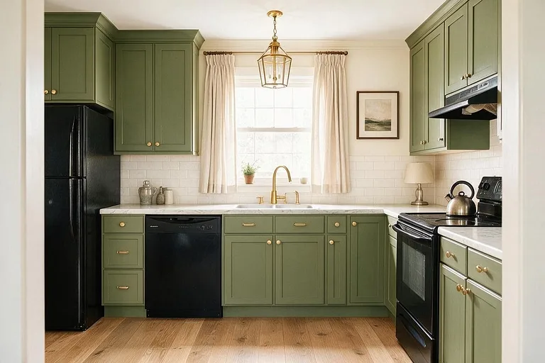 A Transitional kitchen in the Olive Kitchen palette: cream, olive green, marble white, oak, and brass