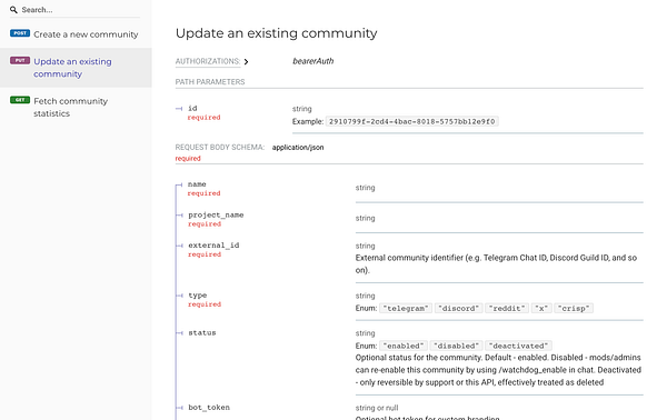 The image displays an API documentation interface for updating community status.