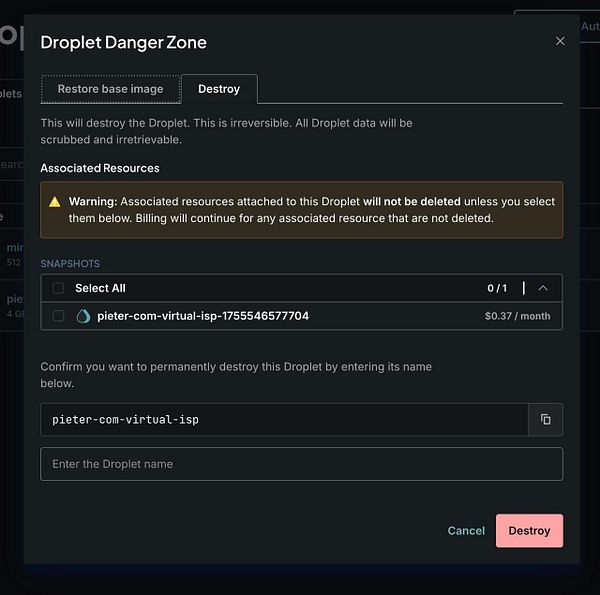 Screenshot of a Digital Ocean control panel page for managing a droplet named pieter.net with several interface options and server details displayed.