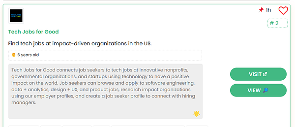 The image displays a job board listing for 'Tech Jobs for Good'.
