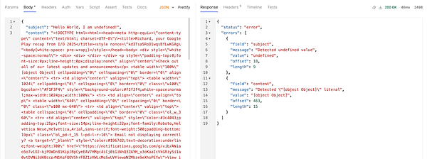 The image displays a JSON response indicating errors in email formatting.